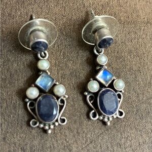 Moonstone, pearls, Lapis Lazuli? Sterling Silver Vintage Earrings India 925 SLG